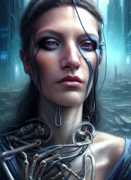 Image similar to closeup portrait shot of a cyberpunk female in a scenic dystopian environment, intricate, elegant, highly detailed, centered, digital painting, artstation, concept art, smooth, sharp focus, illustration, artgerm, tomasz alen kopera, peter mohrbacher, donato giancola, joseph christian leyendecker, wlop, boris vallejo