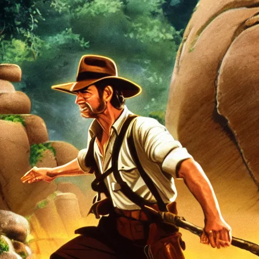 Prompt: Indiana Jones being chased by a boulder trap, boulder chase, underground sandstone temple background, giant round stone chasing Indiana Jones, raiders of the lost ark, anime key visual