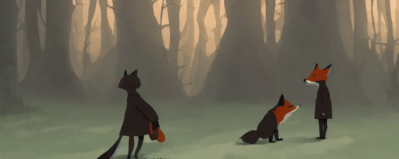 Prompt: a fox wearing a black trench - coat, goro fujita, studio ghibli, rim light, ominous lighting, clear focus, very coherent,