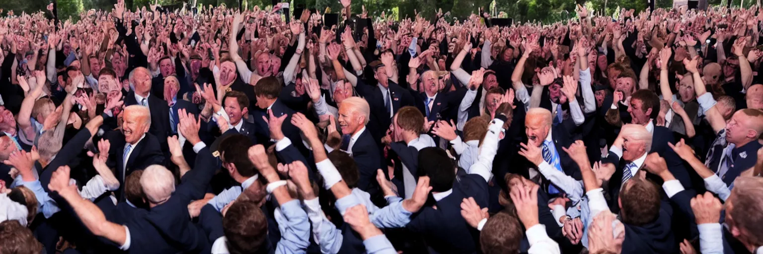 Prompt: photograph of several clones of joe biden raving in a mosh pit