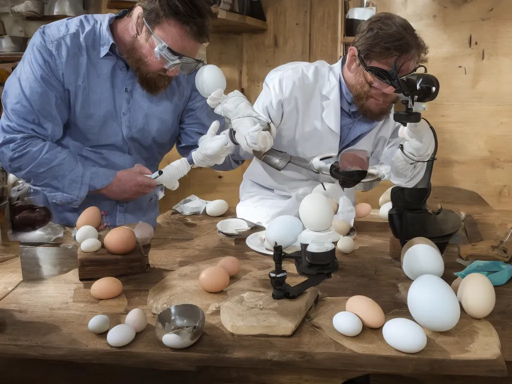 Prompt: A fantasy scientist measuring eggs using a calipers, 4k