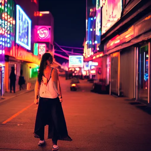 Prompt: Woman goes by night street under neon lights, noir