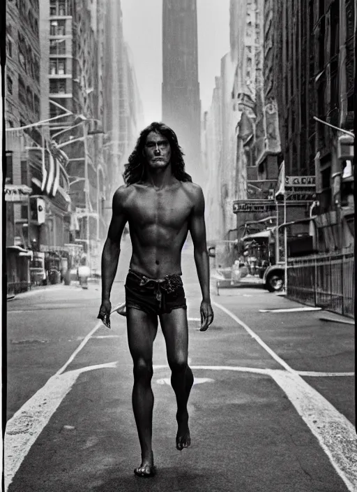 Image similar to film still, portrait of tarzan walk on the street of new york, symmetrical, 8 k, medium - format print, half body shot