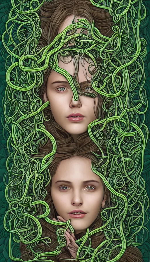 Image similar to very detailed portrait of a 2 0 years old girl surrounded by tentacles, the youg woman visage is blooming from fractal and vines, by steve argyle