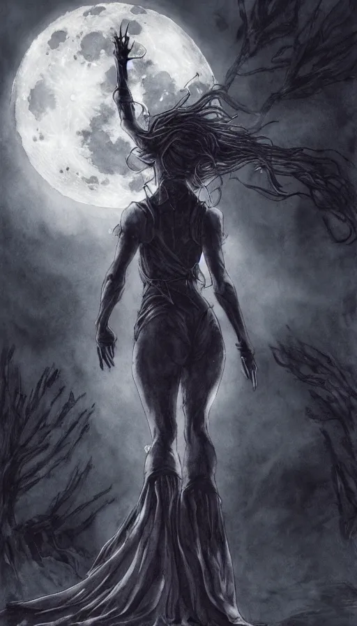 Image similar to book cover art, female dark witch from behind in front of the full big moon, watercolor, dramatic lighting, cinematic, establishing shot, extremely high detail, foto realistic, cinematic lighting, pen and ink, intricate line drawings, by Yoshitaka Amano, Ruan Jia, Kentaro Miura, Artgerm, post processed, concept art, artstation, matte painting, style by eddie mendoza, raphael lacoste, alex ross