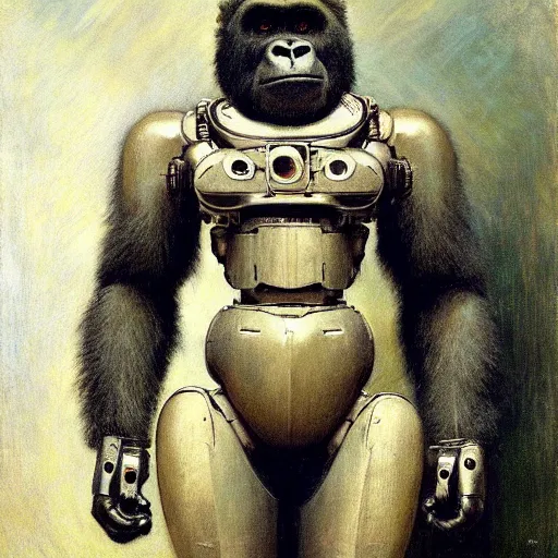 Image similar to highley detailed potrait of an anatomically correct robotic gorilla mecha, painting by gaston bussiere, craig mullins, j. c. leyendecker, lights, art by ernst haeckel, john william godward, hammershøi,