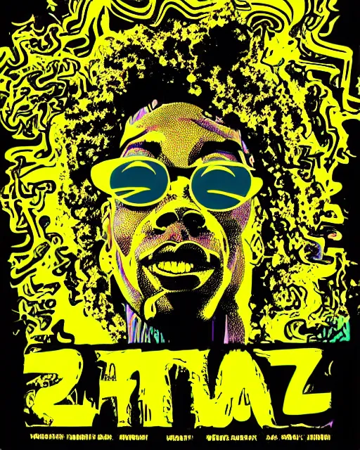 Prompt: wiz khalifa!, black and yellow, smoke, poster art by victor moscoso, shutterstock contest winner, psychedelic art, psychedelic, groovy, art