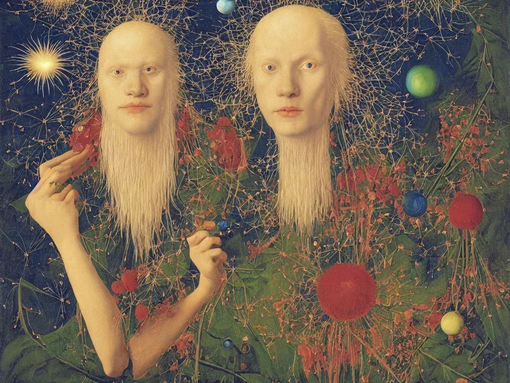 Image similar to Portrait of albino mystic with blue eyes, with exotic glowing dandelion seed storm. Painting by Jan van Eyck, Audubon, Rene Magritte, Agnes Pelton, Max Ernst, Walton Ford