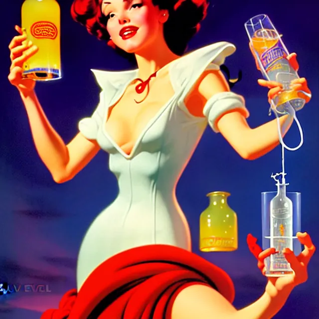 Image similar to disney key visual of an attractive sorceress holding two flasksfull of glowing liquid, mad scientist's lab background, by gil elvgren and stanley lau