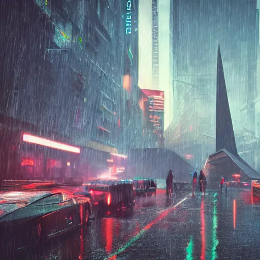 Image similar to gigantic chrome pyramid in the distance, brutalist, blade runner, sci fi, stunning detail, cityscape, cyberpunk, wet street, 8k, cinematic lighting, ultra realistic, colorful, neon, octane rendered,