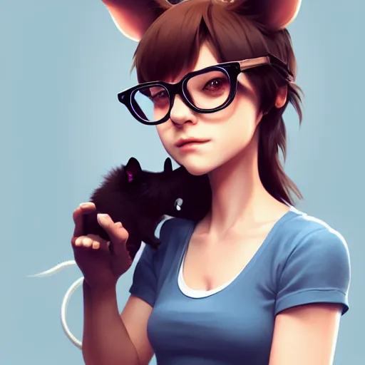 Prompt: character design portrait of an anthropomorphic furry rat girl with rat ears, brown hair, brown eyes, wearing a tee shirt and glasses, looking at the camera, 4 k, concept art, by wlop, ilya kuvshinov, artgerm, krenz cushart, pixiv.