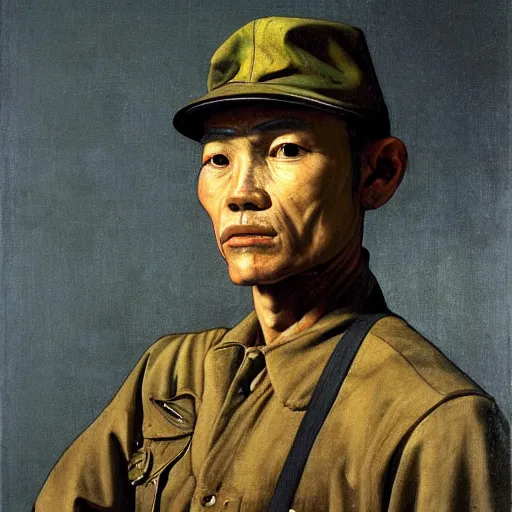 Image similar to portrait of a vietnam war soldier by caravaggio, posing, face, clair - obscur, highly detailed