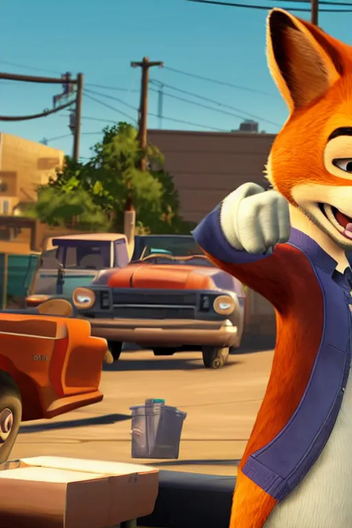 Image similar to Grand Theft Auto: San Andreas loading screen featuring Nick Wilde (from Zootopia)