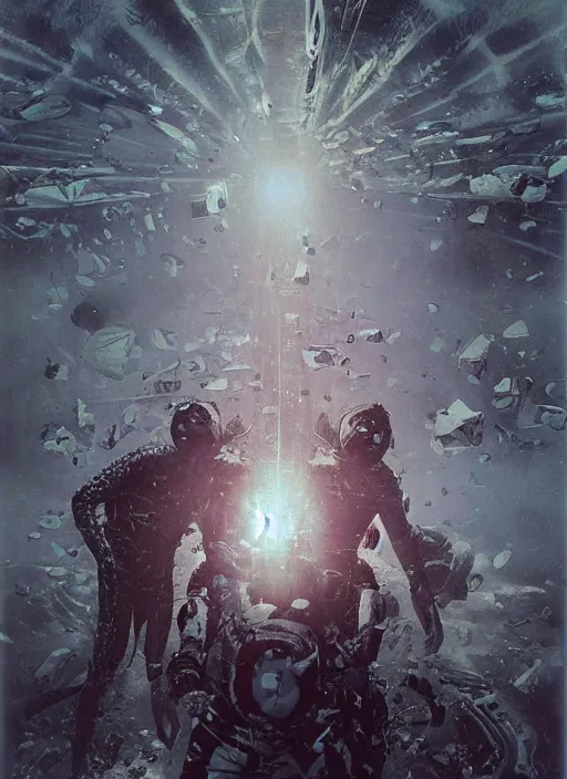 Image similar to astronauts in dark and empty void underwater - complex and hyperdetailed technical suit. reflection and dispersion materials. rays and dispersion of light. volumetric light. 5 0 mm, f / 3 2. noise film photo. flash photography. ultra realistic, wide angle. poster by wayne barlowe, hajime sorayama aaron horkey, craig mullins