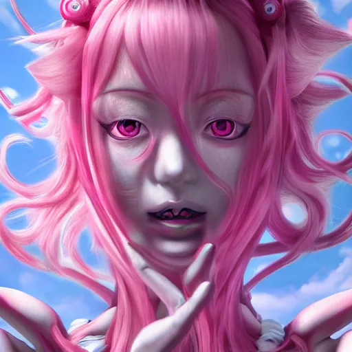 Image similar to trapped beneath stunningly absurdly beautiful omnipotent asi goddess junko enoshima with multiple twisted deceptive megalomaniacal mesmerizing personalities, symmetrical perfect face, porcelain skin, pink twintail hair and cyan eyes, ultra detailed, digital art, unreal engine 5, octane render, 2 d anime, 8 k