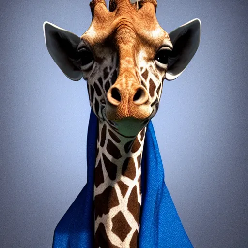 Image similar to a highly detailed portrait of a humanoid giraffe in a blue cloak, artstation, deviantart, professional, unreal engine 5, photorealistic