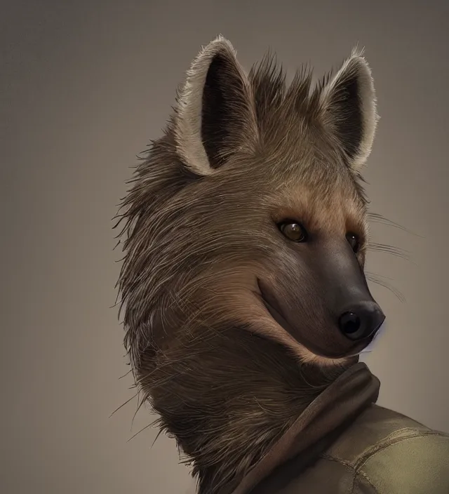 Image similar to a beautiful portrait of a handsome male anthropomorph brown hyena furry fursona wearing a hoodie. character design by cory loftis, fenghua zhong, ryohei hase, ismail inceoglu and ruan jia. artstation, volumetric light, detailed, photorealistic, rendered in octane