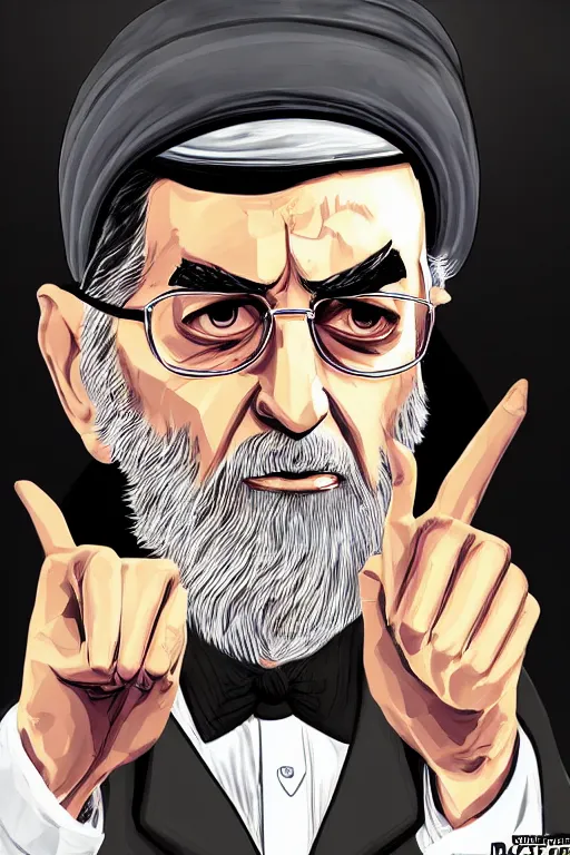 Image similar to angry ali khamenei, with index finger, clear, clear, very clear, parallel content, hyperrealistic anatomy body content, violet polsangi pop art, gta chinatown wars art style, extreme quality masterpiece, bioshock infinite art style, incrinate, 2 color, white frame, content balance proportion