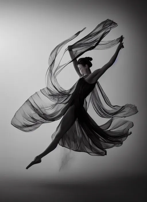 Image similar to a Photorealistic dramatic hyperrealistic render of a glamorous beautiful Female smoke dancer by Ken Brower and Deborah Ory of NYC Dance project,Lois Greenfield,Flowing cloth and smoke,Beautiful dynamic dramatic dark moody lighting,volumetric,shadows,cinematic atmosphere,Octane render,8K