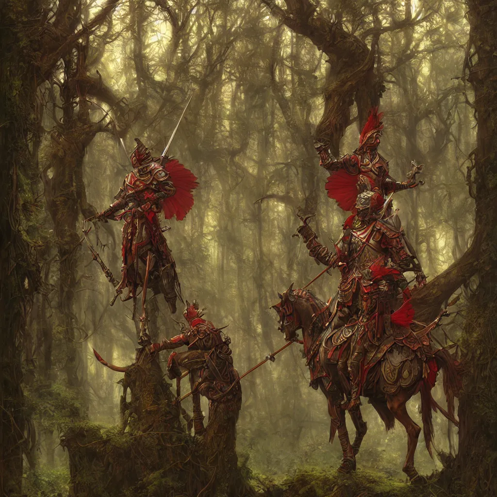 Image similar to fantasy male knight red plume, center focused, matte painting, lush fairy forest, neon, concept art, schematics, gnarly details painted by tom bagshaw, norman rockwell, mucha, james gurney, high detail, denoised, sharp, architectural