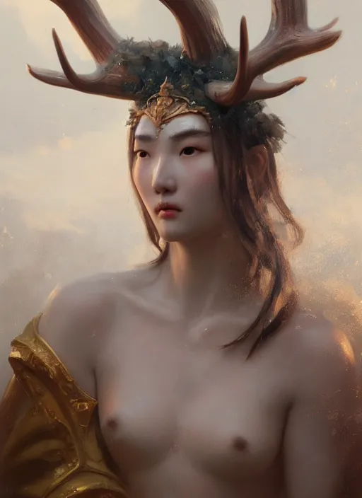 Prompt: Gigantic Deity with antlers and a white face, translucent amulets, extremly detailed oil painting, subsurface scattering, in the style of Fenghua Zhong and Ruan Jia and Jeremy Lipking, rim light, beautiful lighting, mystic, 8k, stunning scene, raytracing, octane, trending on artstation