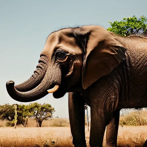 Prompt: a Elephant-Pug Hybrid, A Elephant that looks like a pug, huge tusks, afternoon hangout, good times photograph, candid