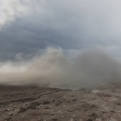 Prompt: horse jumping in heavy pyroclastic flow with dense fog and sun rays. wide angle lens. 4 k