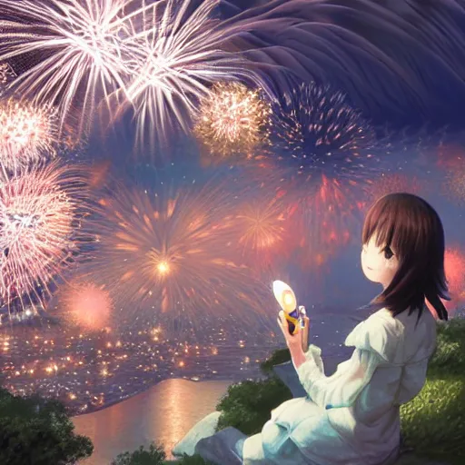 Image similar to girl watching watching fireworks on a hill, digital art, by range murata, akiyuki shinbou, yoshitaka amano highly detailed, realistic, cinematic, bold colours, photorealism, 4 k, wide angle lens