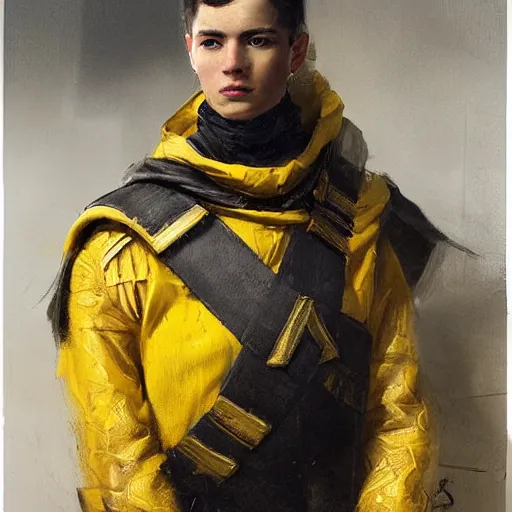 Prompt: Medium closeup young idealistic and pious male Imperial soldier wearing a black and yellow tabard!!!!! over a gambeson and a steel open helm, by Raymond Swanland Greg Rutkowski Lise Deharm, {perfect face}, {perfect eyes}