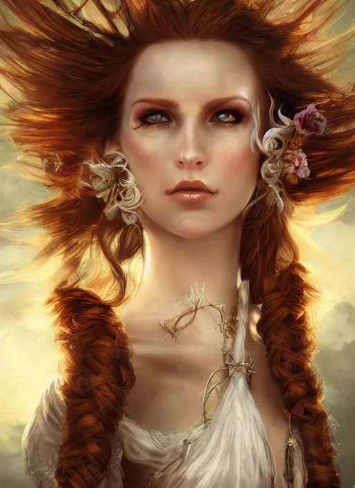 Image similar to a beautiful woman pirate clothes, 8 k, sensual, hyperrealistic, hyperdetailed, beautiful face, long ginger hair windy, dark fantasy, fantasy portrait by laura sava