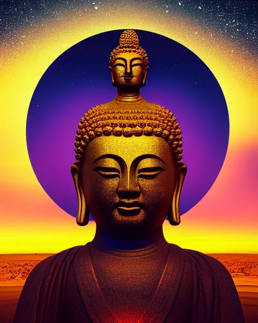 Image similar to the most beautiful sunset, giant pink full moon, a sky full of stars aticama desert chile, a buddha with a golden dorje above his head, coherent design, symmetrical, concept art, vivid color, complementary color, golden ratio, detailed, sharp lines, intricate, rainbowshift, by mc escher, octane render