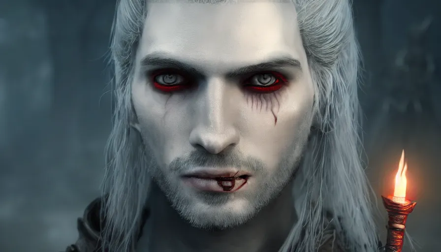 Image similar to a digital art portrait of a young pale vampire warrior with red eyes character design from dark souls, old inquisition witcher character sheet, 4 k, ultra detail, volumetric lighting, unreal engine, octane render