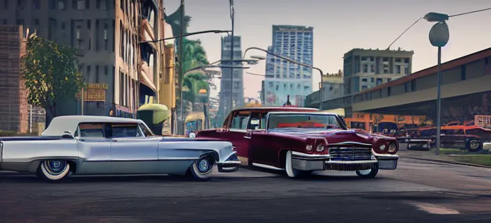 Prompt: vintage cadillacs and lincoln continentals in liberty city, grand theft auto, photorealistic hyperdetailed 3 d matte painting, hyperrealistic, cinematic, unrealengine octane render,
