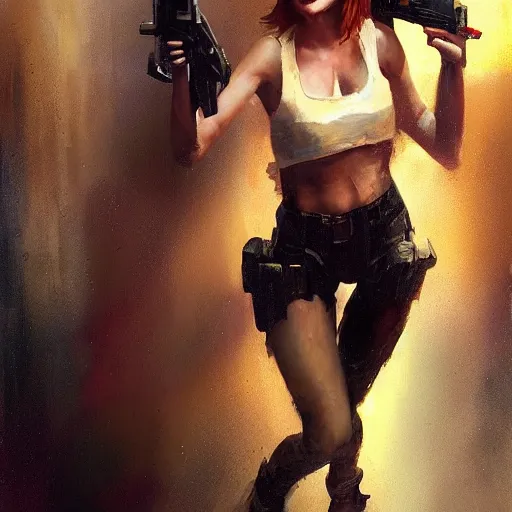 Image similar to bella thorne with gun, hyperrealistic full figure, bladerunner street alley, art of elysium by frank frazetta and by jeremy mann, fantasy art, photo realistic, dynamic lighting, artstation, full figure poster, volumetric lighting, very detailed face, 4 k, award winning