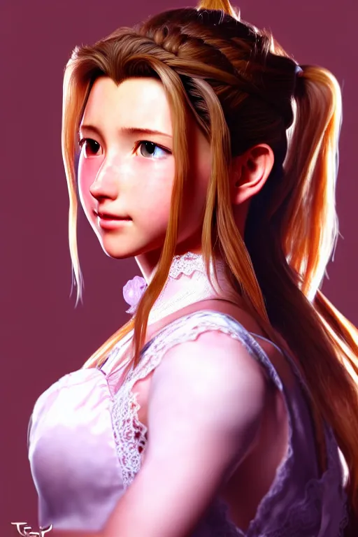 Prompt: subject : detailed full body portrait illustration of aerith gainsborough perfect face, medium : oil on canvas, style : realistic pose study portrait, maximalist, accurate, full color chiaroscuro artist : tetsuya nomura, 4 k, focus : full body and head