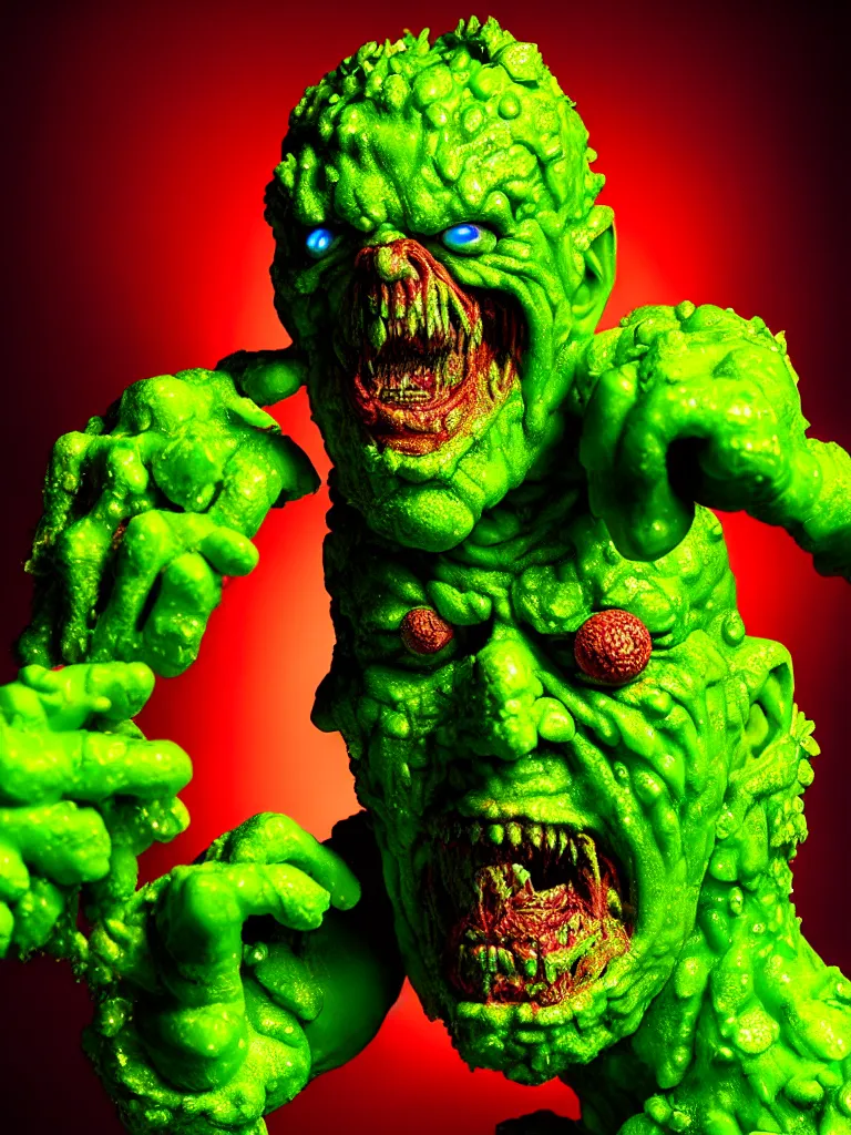 Image similar to hyperrealistic rendering, shiny wet toxic avenger by art of skinner and richard corben and jeff easley, product photography, action figure, sofubi, studio lighting, colored gels, rimlight, backlight