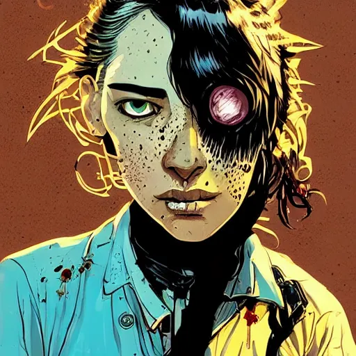 Image similar to Highly detailed portrait of a punk zombie young lady with freckles and brown curly hair hair by Atey Ghailan, by Loish, by Bryan Lee O'Malley, by Cliff Chiang, was inspired by image comics, inspired by scott pilgrim, inspired by graphic novel cover art !!!electric blue, brown, black, yellow and white color scheme ((grafitti tag brick wall background))