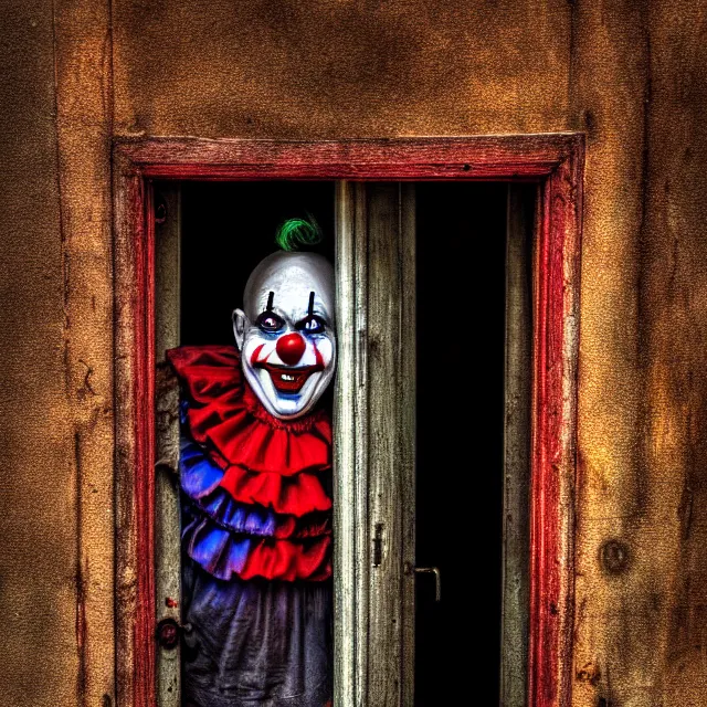 Prompt: creepy clown peering round a doorway, highly detailed, 8 k, hdr, smooth, sharp focus, high resolution, award - winning photo