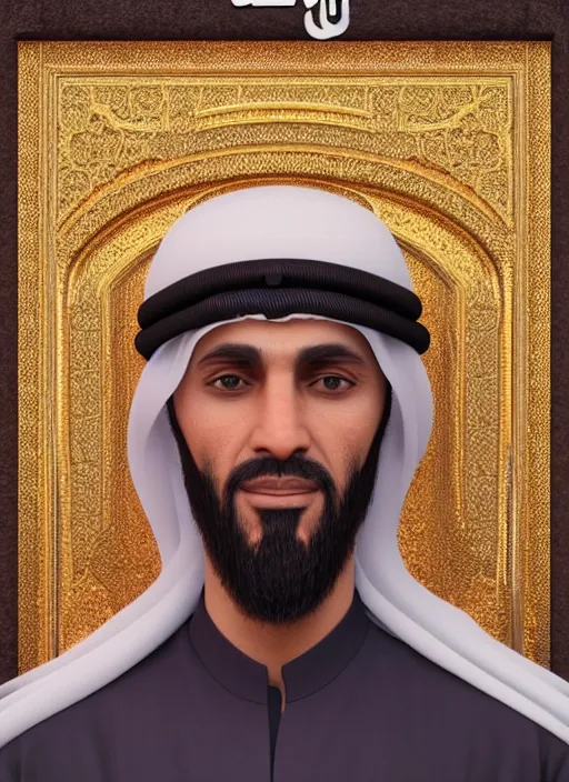 Image similar to portrait of sheikh mohammad ruler of dubai, trending in artstation, cinematic lighting, studio quality, smooth render, unreal engine 5 rendered, octane rendered, art style by klimt and nixeu and ian sprigger and wlop and krenz cushart.