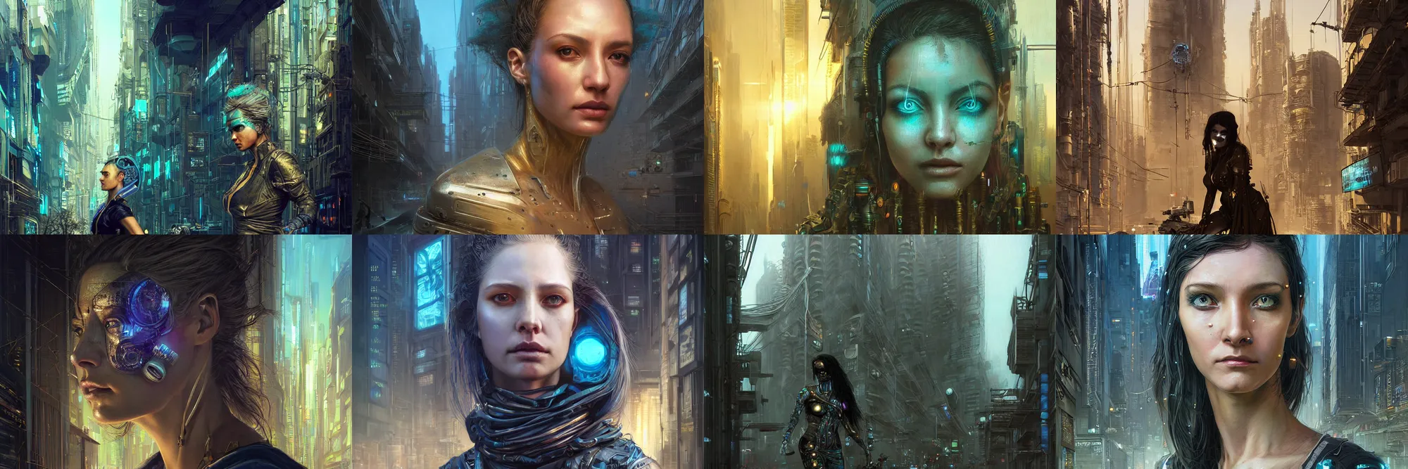 Prompt: A cyberpunk very highly detailed woman with very highly detailed face on the street of a very highly detailed solarpunk sci-fi city digital rational painting art by Greg Rutkowski, sci-fi highly detailed, digital concept art, Dimensional cyan gold natural light, sharp focus, Golden Ratio illustration, realistic concept art by Stephen Hickman and James Gurney and Hiromasa Ogura Ghost in the Shell rendered in Octane Render, From the distance