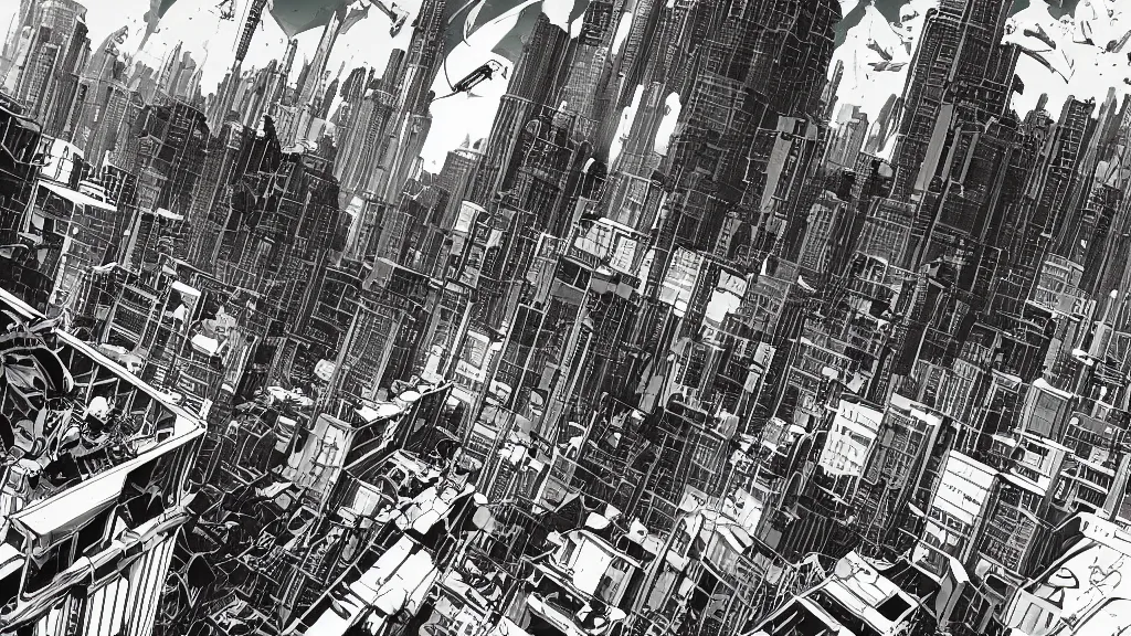 Prompt: very simple, prophet graphic novel, ilya kuvshinov, mcbess, rutkowski, simon roy, roset, kuvshinov, illustration of decrepit cyberpunk arcologies in dystopian megalopolis ruins with spaceship debris floating in space, wide shot, high contrast colors, very anime!!! anime!! intricate details, deep shadows, astrophotography