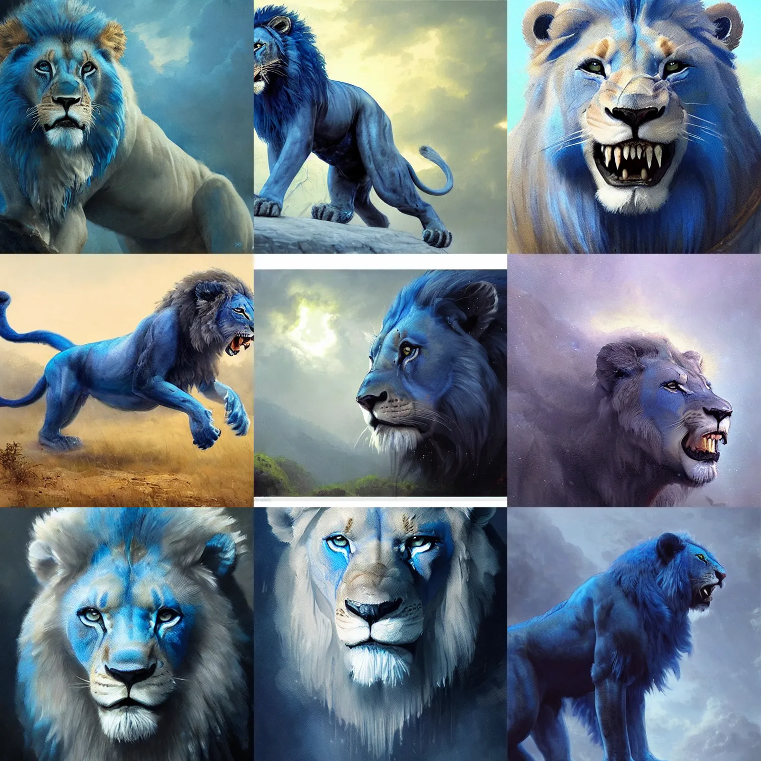 Prompt: roaring blue lion. majestic, graceful, mighty. mystical ambience. soft lighting. highly detailed painting by greg rutkowski.