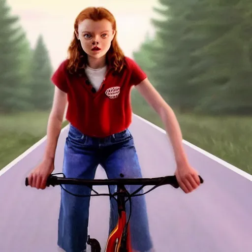 Image similar to Sadie Sink (Maxine Mayfield) from Stranger Things riding her bike in the middle of the street with forest in the background, looking straight ahead, her bike's flashlight illuminating the ground, realistic, extremely high detail, photorealistic, no shadows, 8k