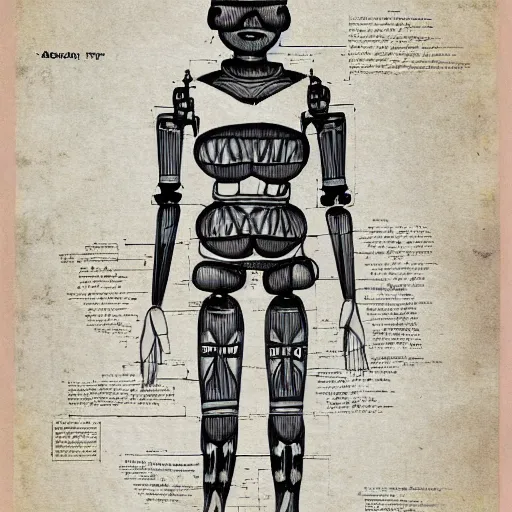 Image similar to technical drawing of ancient womanized!! humanoid robot, symmetrical, anatomically correct, full body length, old historical photo, ancient paper, photorealistic