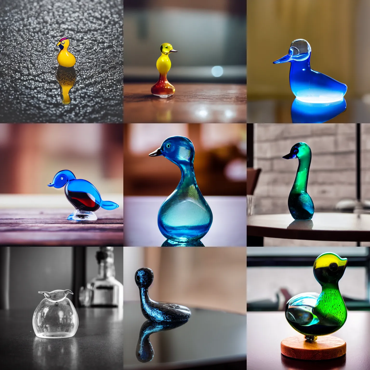 Prompt: a close up photo of a glass duck on a table, busy background, professional photography, sigma 2 4 mm f / 8