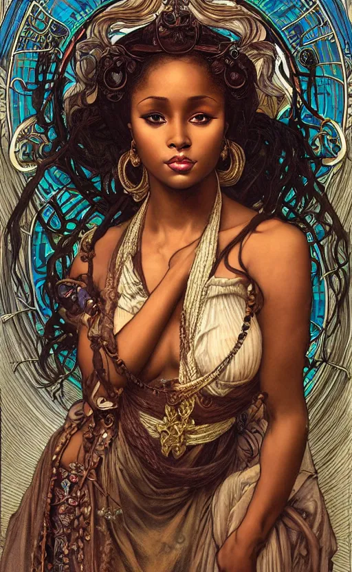 Prompt: hyper-realistic detailed face portrait of Amara La Negra with white braids by Alphonse Mucha, Ayami Kojima, Amano, Charlie Bowater, Karol Bak, Greg Hildebrandt, Jean Delville, and Mark Brooks, Art Nouveau, Neo-Gothic, gothic, rich deep moody colors