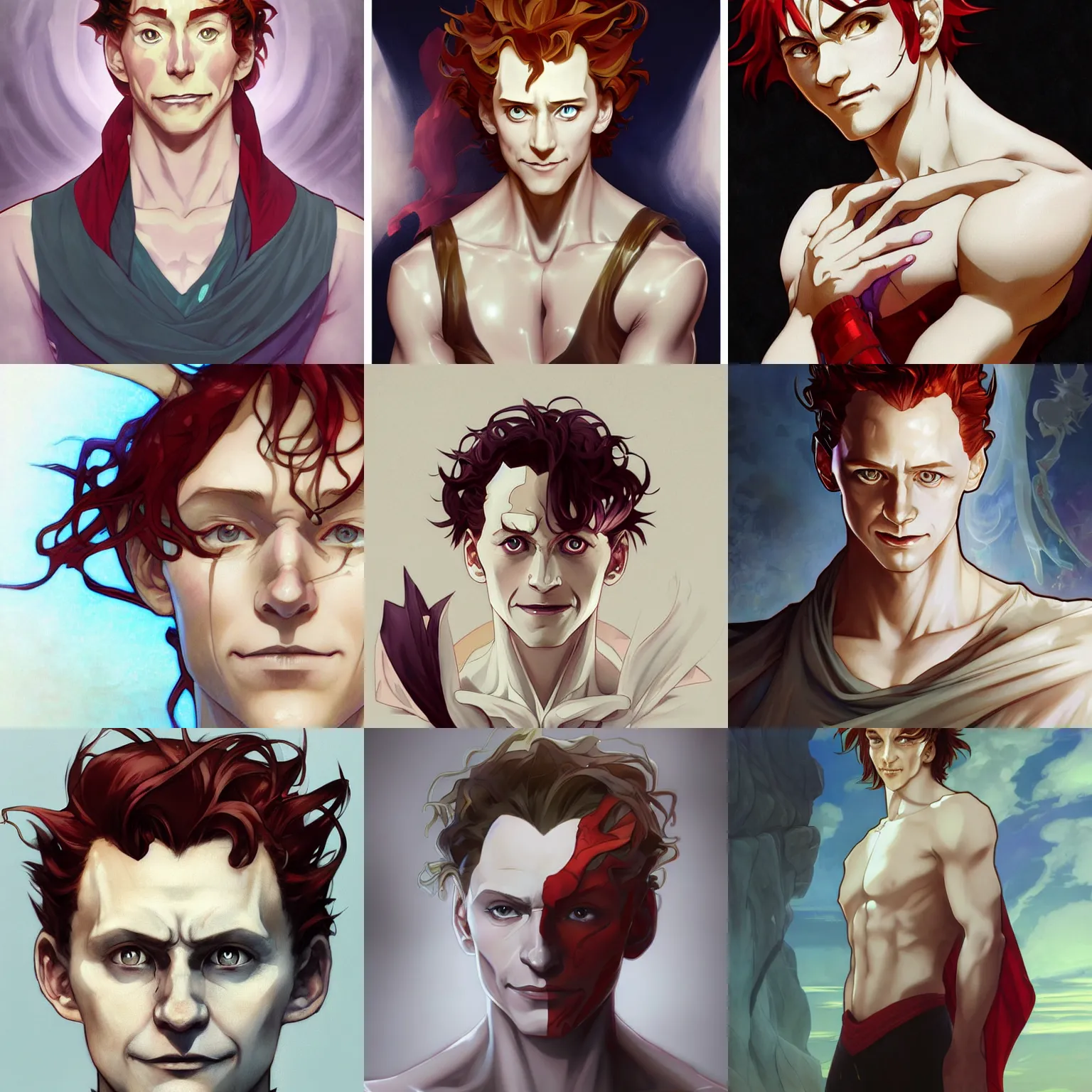 Prompt: hisoka, young tom hiddleston, cel - shaded animesque art by artgerm and greg rutkowski and alphonse mucha, smooth white skin, smirking face, reddish hair, d & d, fantasy, portrait, soft facial features, highly detailed, digital painting, trending on artstation, concept art, sharp focus, illustration