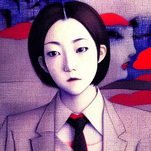 Image similar to yoshitaka amano blurred and dreamy realistic three quarter angle portrait of a young woman with short hair and black eyes wearing office suit with tie, junji ito abstract patterns in the background, satoshi kon anime, noisy film grain effect, highly detailed, renaissance oil painting, weird portrait angle, blurred lost edges