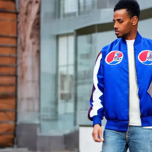 Prompt: a man wearing a pepsi jacket