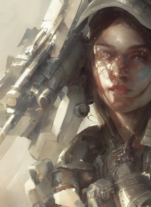 Image similar to of a sniper girl in war, with futuristic gear and helmet, portrait by ruan jia and ross tran, detailed, epic video game art